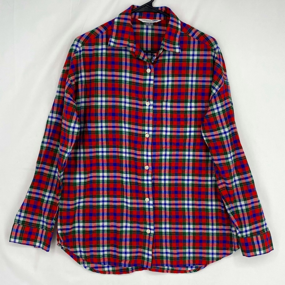 Old Navy Womens Small The Boyfriend Shirt Red Blue Green Plaid 100% Cotton LS